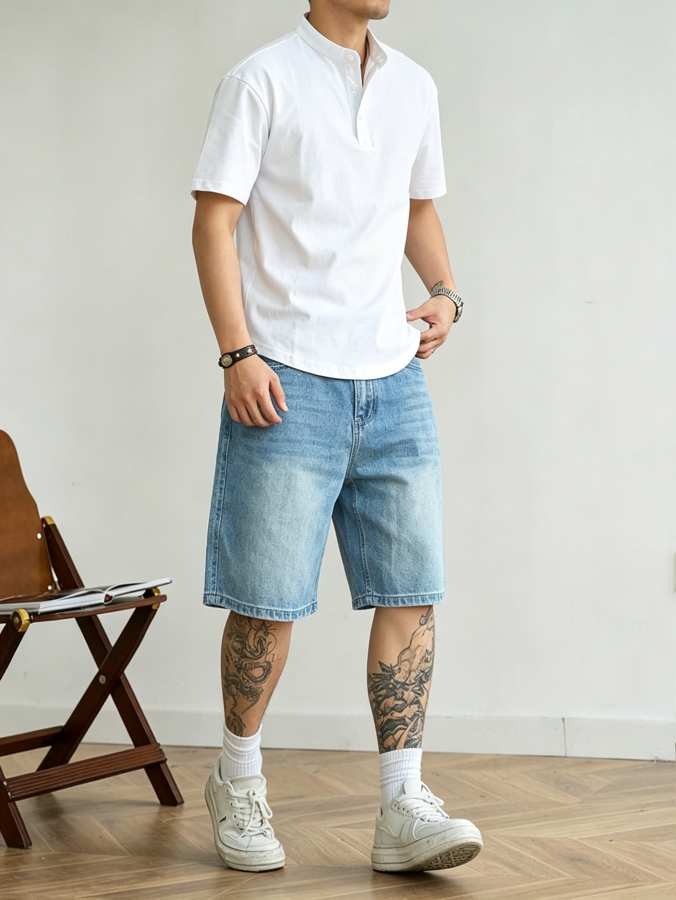 Korean Daily Lifestyle - Jorts en denim bleu coupe ample